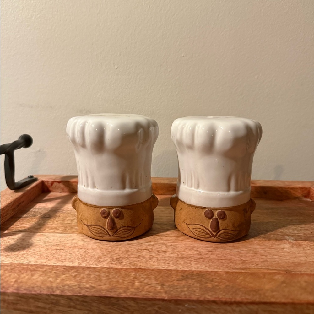 Chef Cook Large Salt & Pepper Shakers Pottery Stoneware Hat Mustache Pair